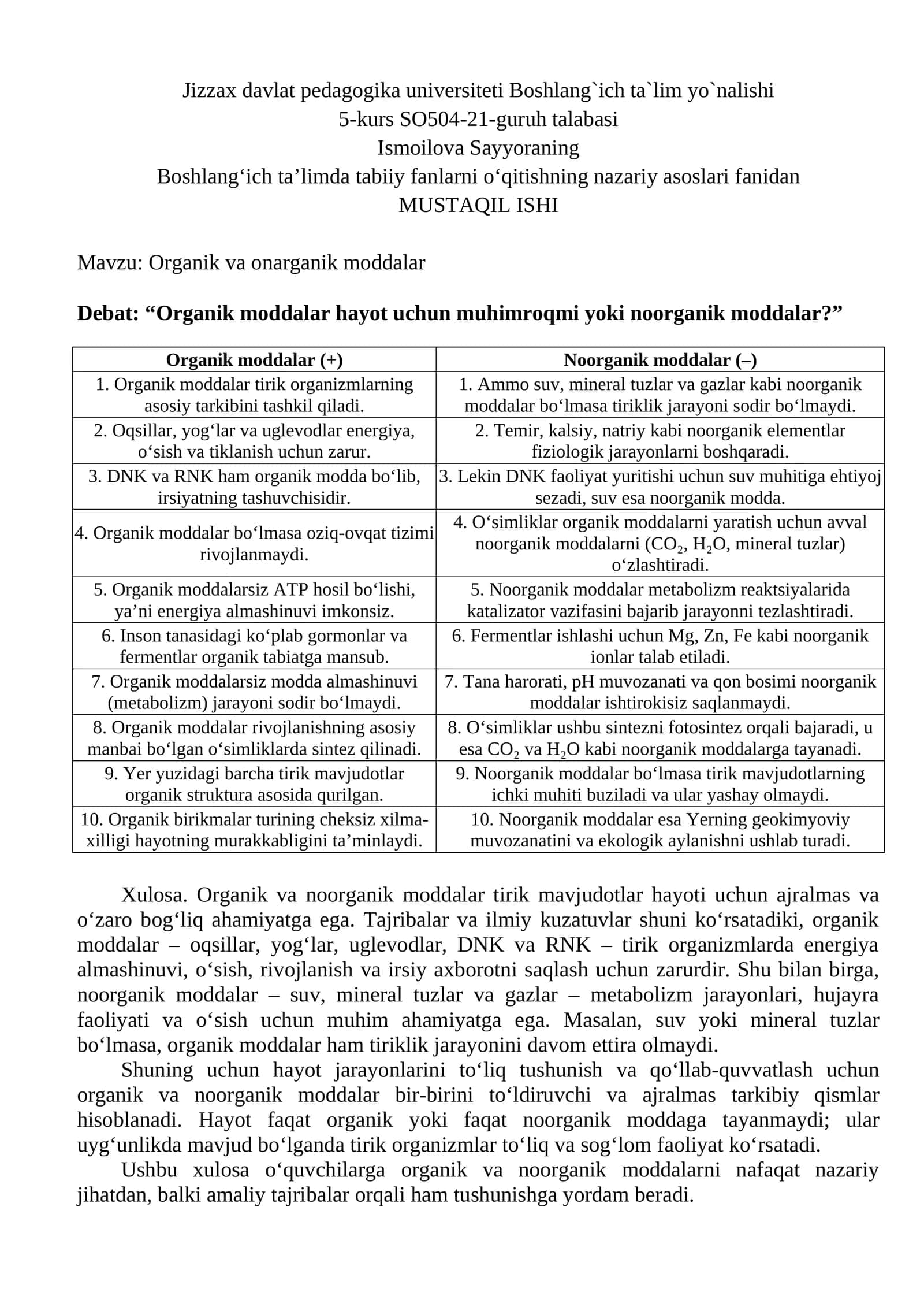 Organik va onarganik moddalar 1