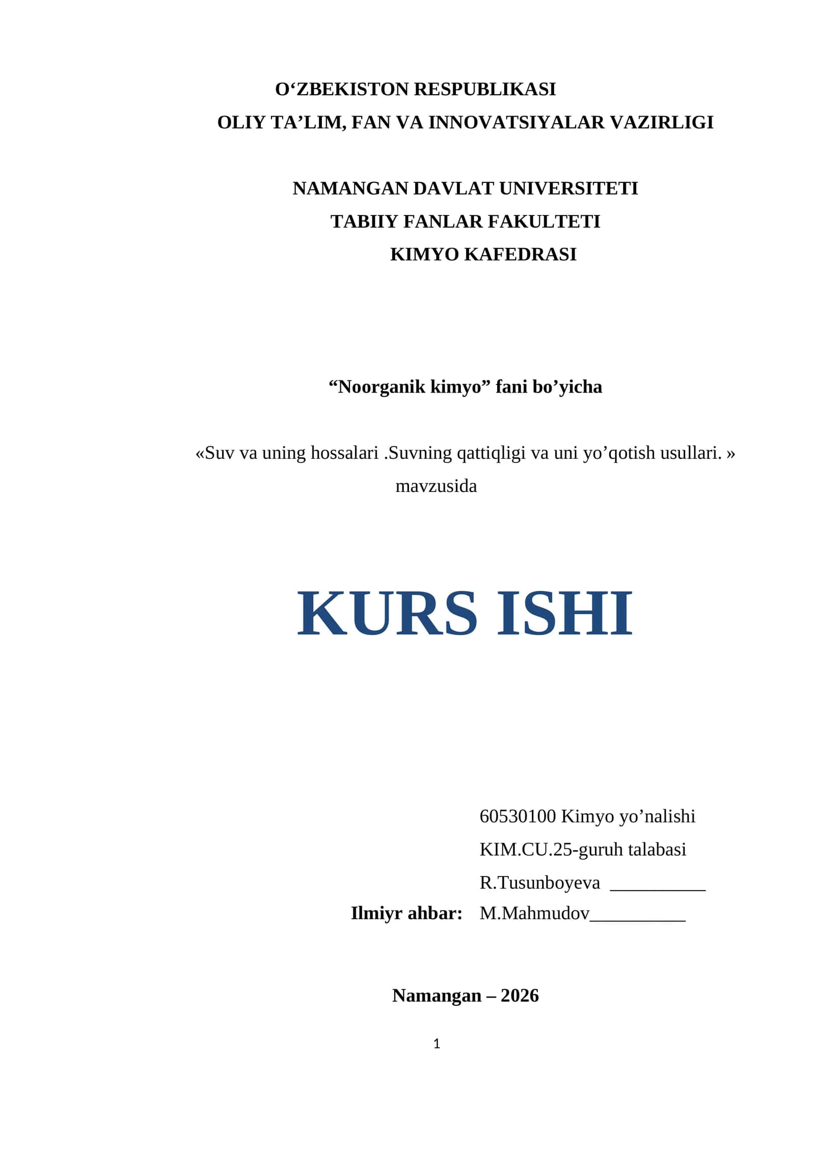 Suv va uning hossalari.Suvning qattiqligi va uni yo’qotish usullari 1