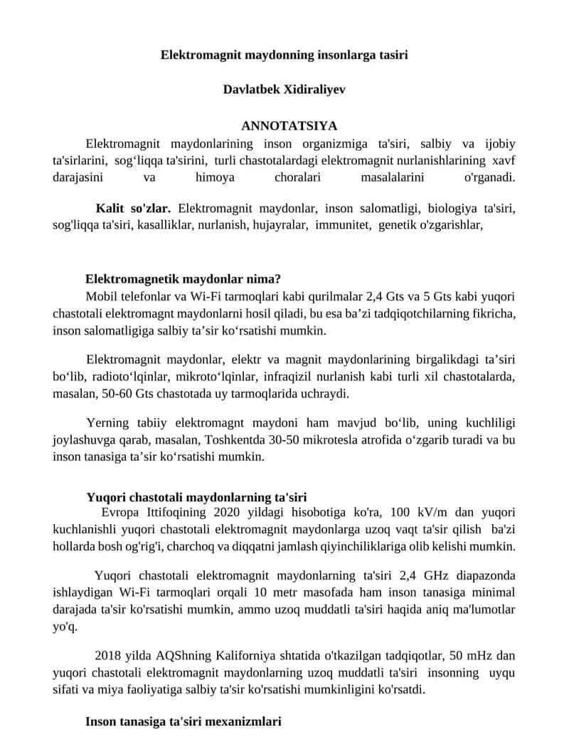 Elektromagnit maydonning insonlarga tasiri 1