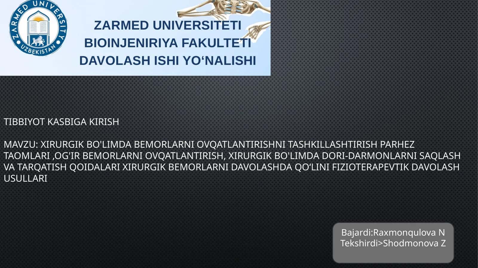 Xirurgik bo'limda bemorlarni ovqatlantirishni tashkillashtirish 1