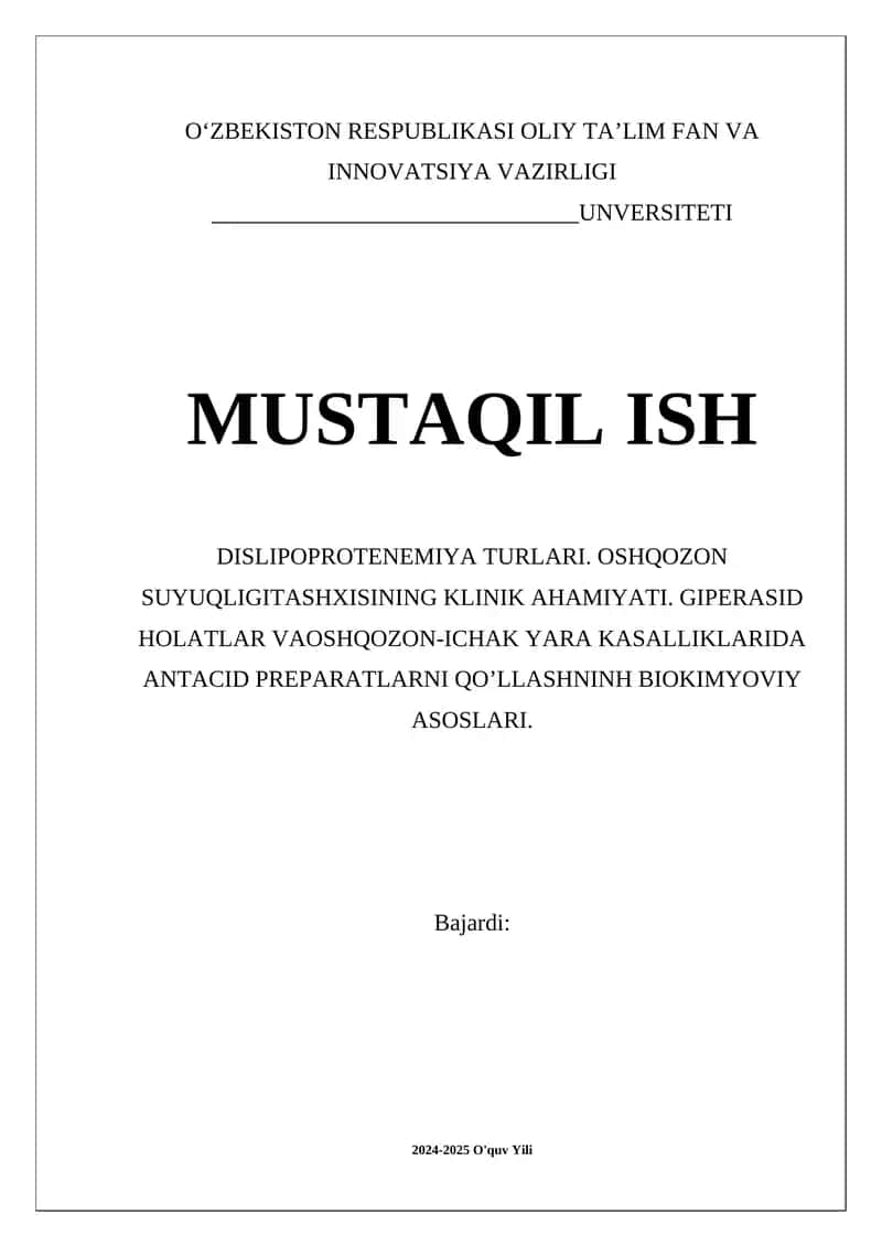 Dislipoproteinemiya Turlari va Oshqozon Suyuqligi Tashxisi 1
