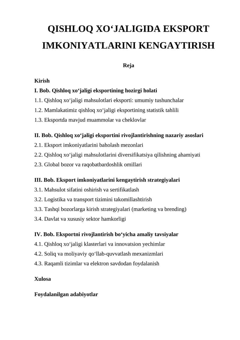 QISHLOQ XO‘JALIGIDA EKSPORT IMKONIYATLARINI KENGAYTIRISH 1