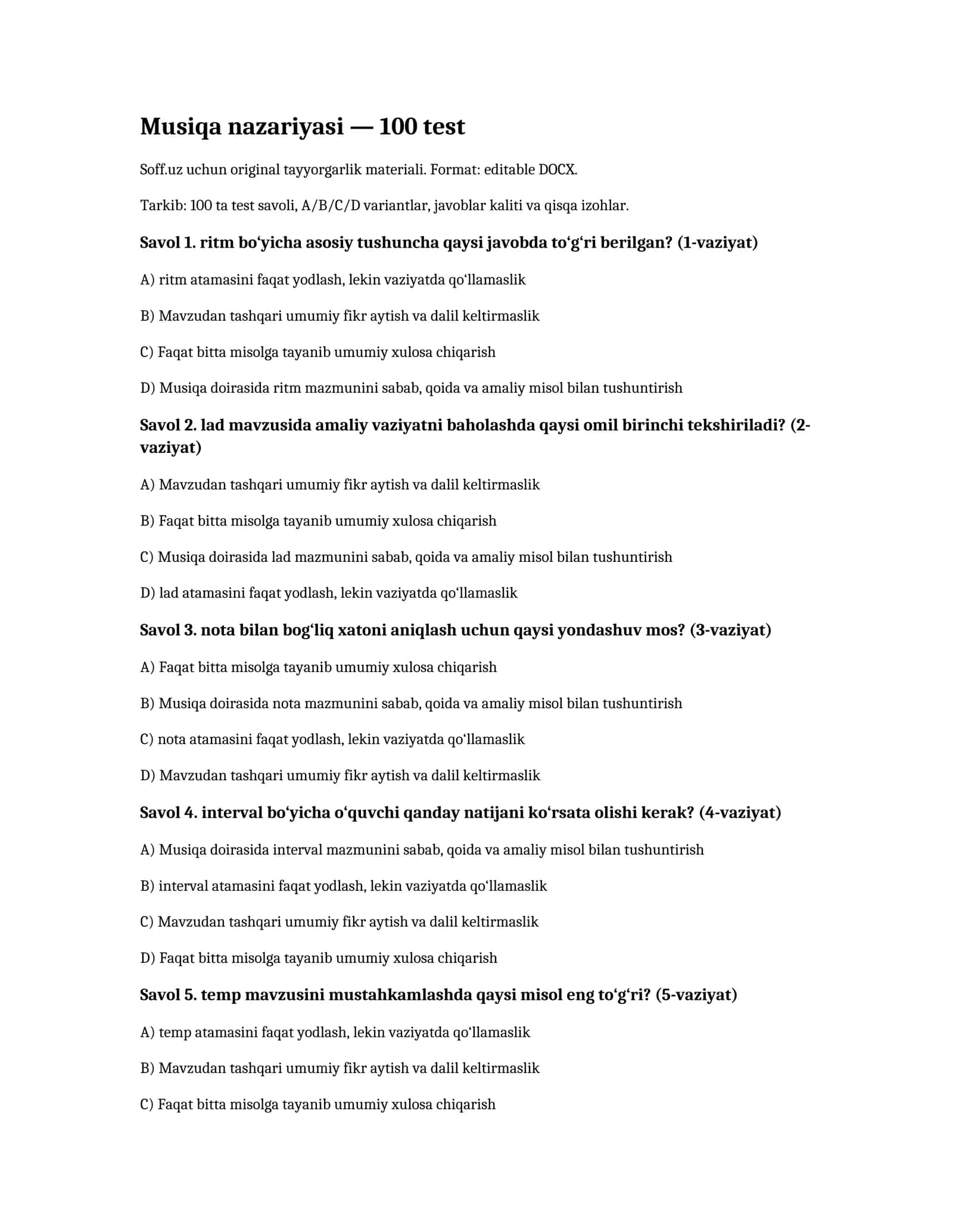 Musiqa nazariyasi — 100 test 1