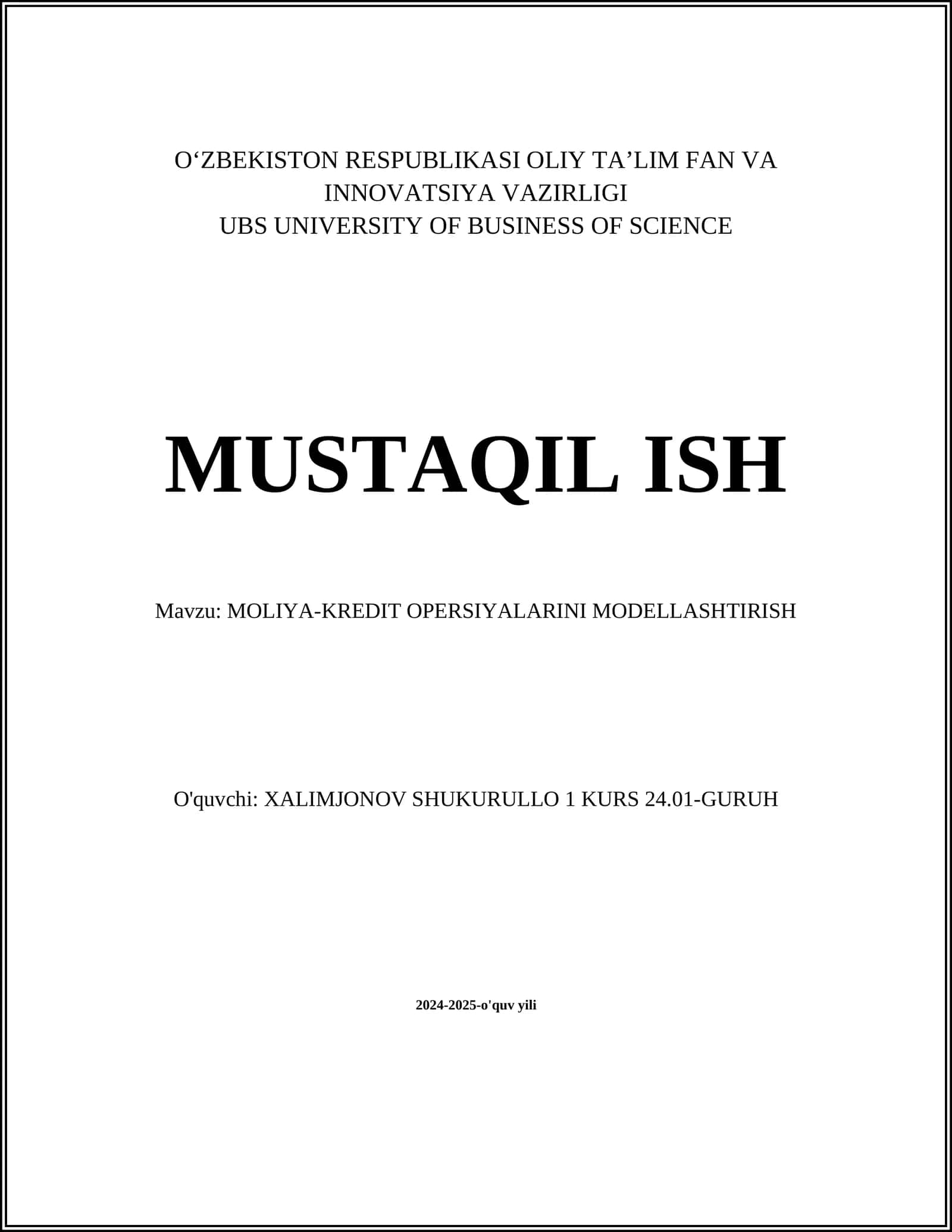 MOLIYA-KREDIT OPERSIYALARINI MODELLASHTIRISH 1