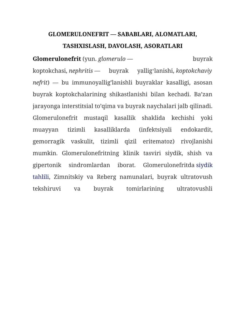 GLOMERULONEFRIT — SABABLARI, ALOMATLARI, TASHXISLASH, DAVOLASH, ASORATLARI 1