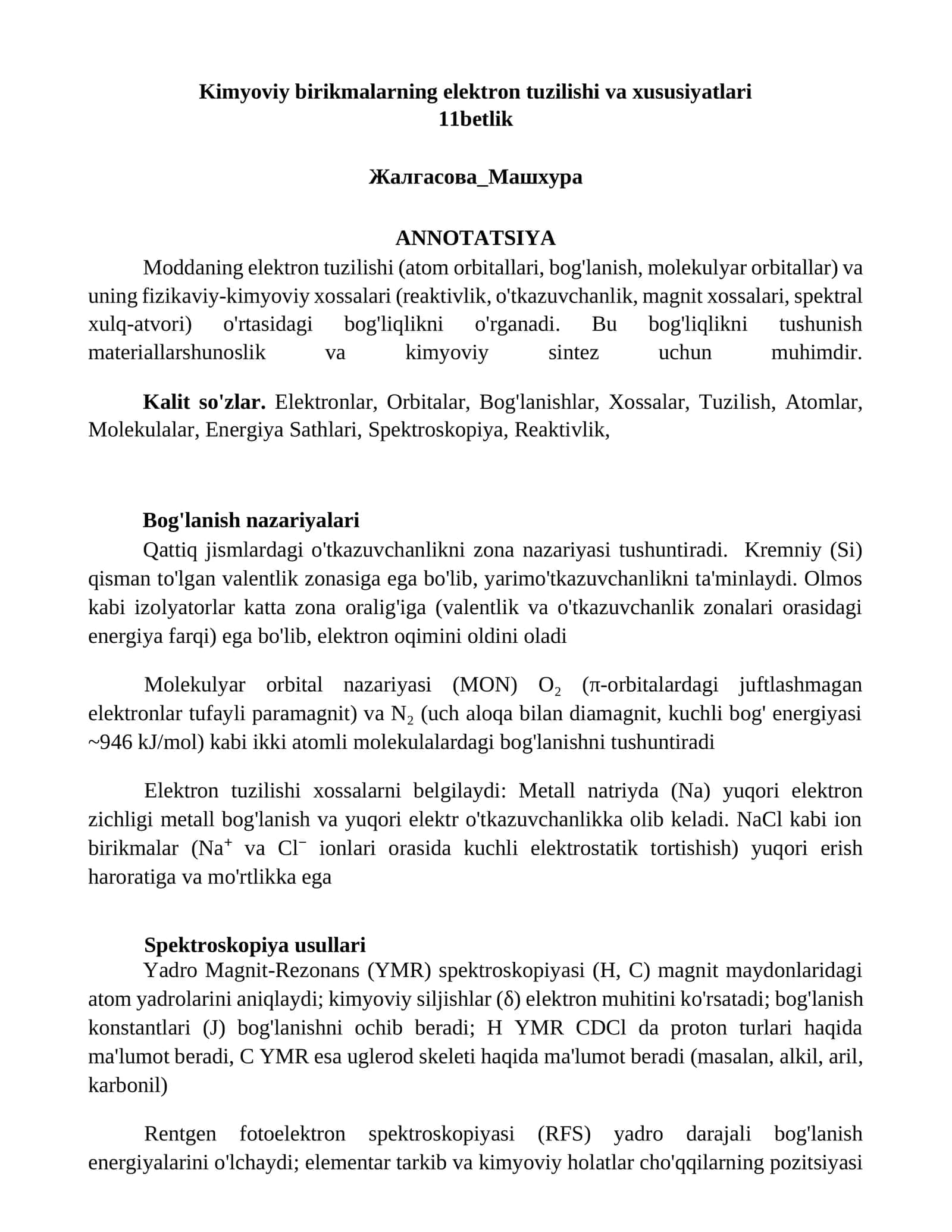 Kimyoviy birikmalarning elektron tuzilishi va xususiyatlari 1