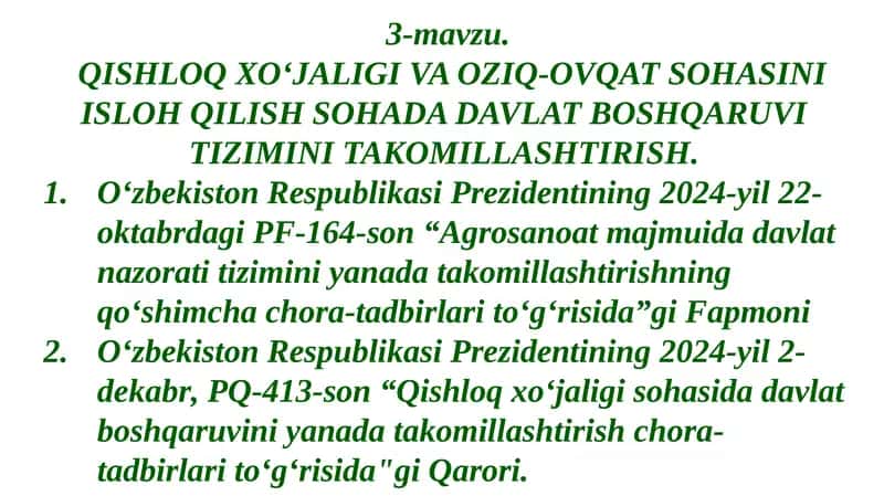 Qishloq xo'jaligi va oziq-ovqat sohasini isloq qilish sohada davlat boshqaruvini takomillashtirish 1