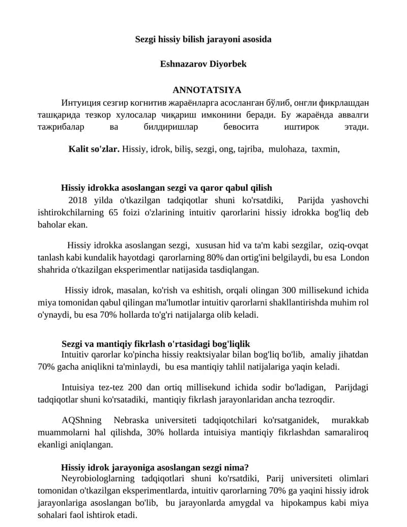 Sezgi hissiy bilish jarayoni asosida 1