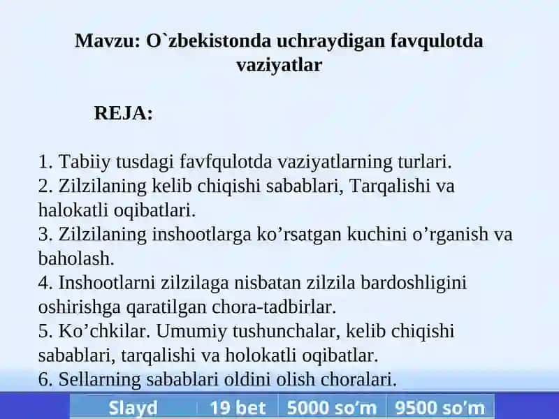 O`zbekistonda uchraydigan favqulotda vaziyatlar