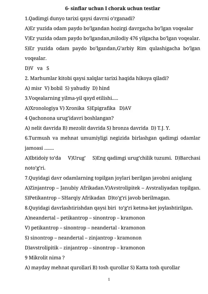 6- sinflar uchun I chorak uchun testlar 1