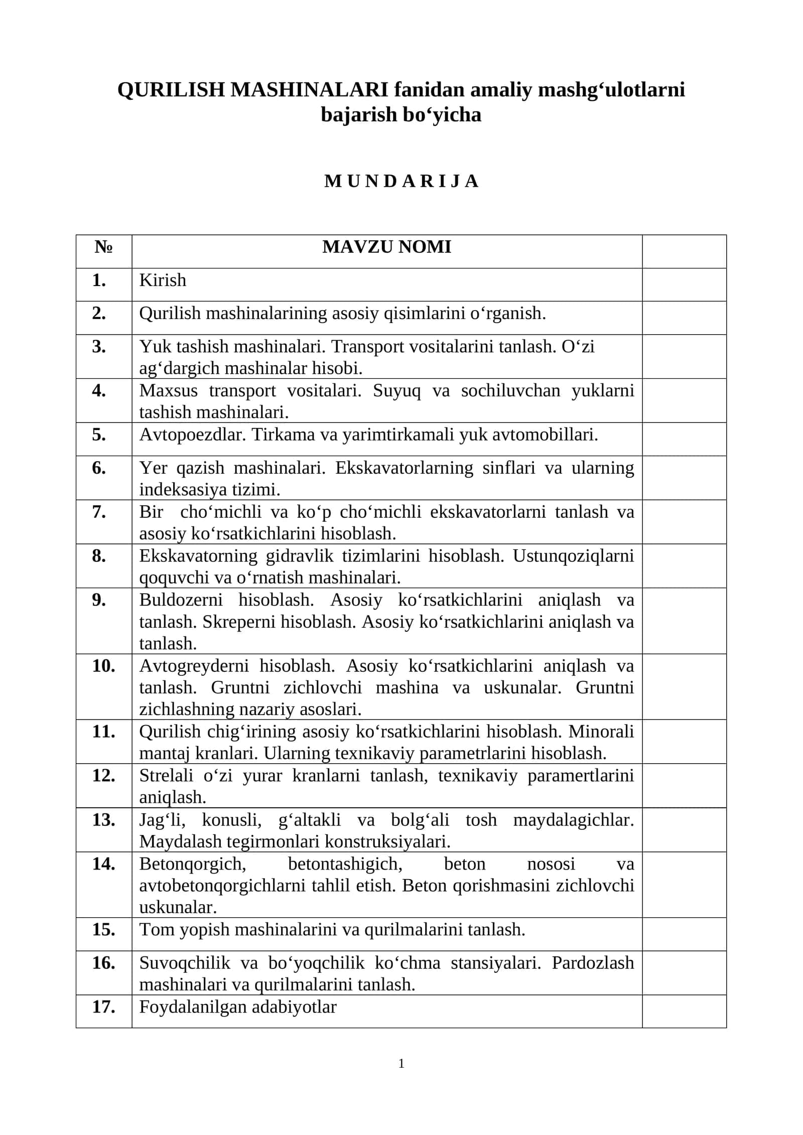 Qurilish mashinalari fanidan amaliy mashgʻulotlarni bajarish boʻyicha 1