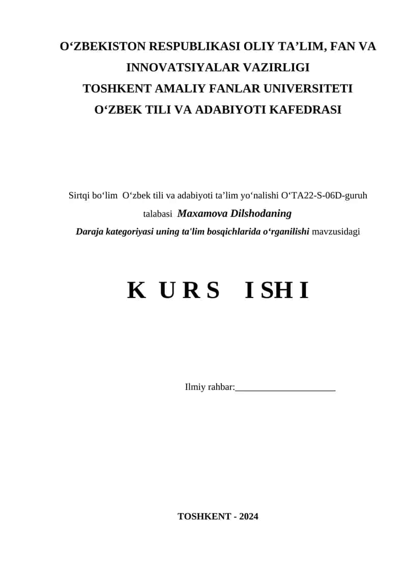 O‘zbek Tili va Adabiyoti Kafedrasi Kurs Ishi 1