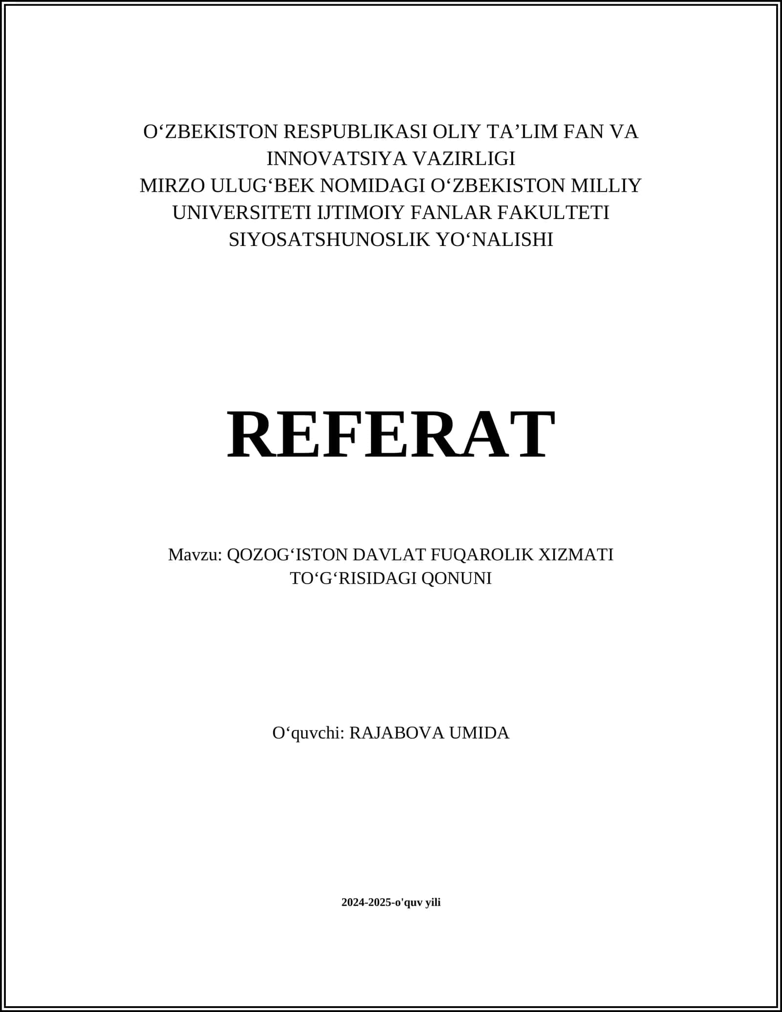 QOZOGʻISTON DAVLAT FUQAROLIK XIZMATI TOʻGʻRISIDAGI QONUNI 1