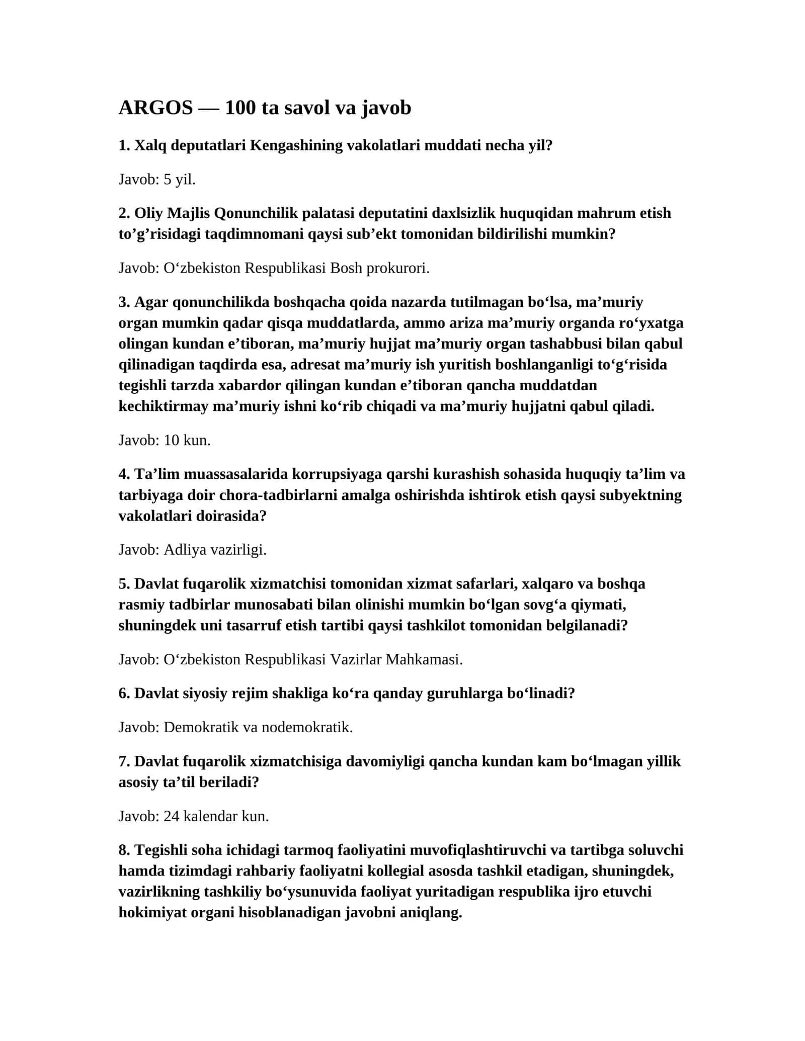 “ARGOS uchun 100 ta savol va javob — Word format” 1