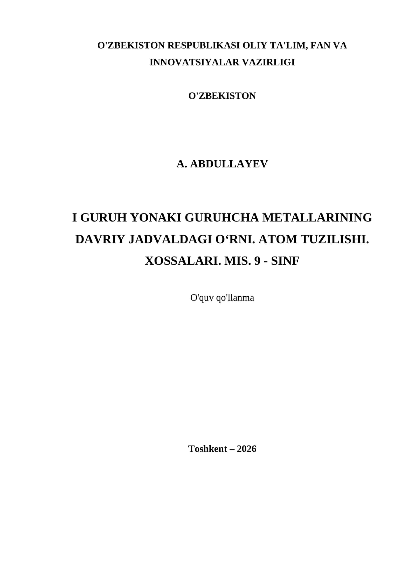 I GURUH YONAKI GURUHCHA METALLARINING DAVRIY JADVALDAGI O‘RNI. ATOM TUZILISHI. XOSSALARI. MIS. 9 - SINF 1
