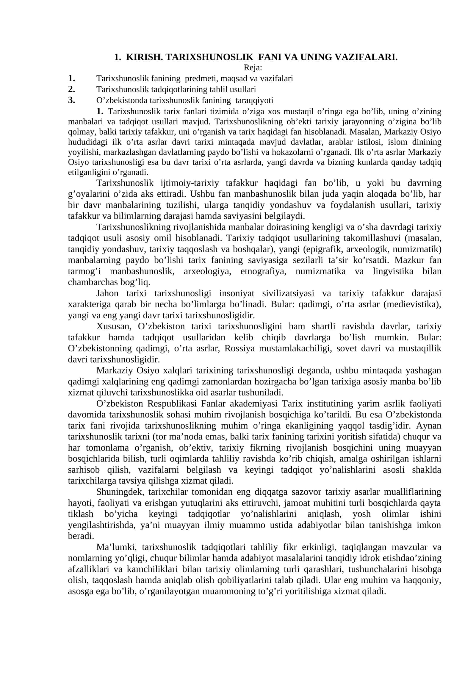 TARIXSHUNOSLIK FANI VA UNING VAZIFALARI 1