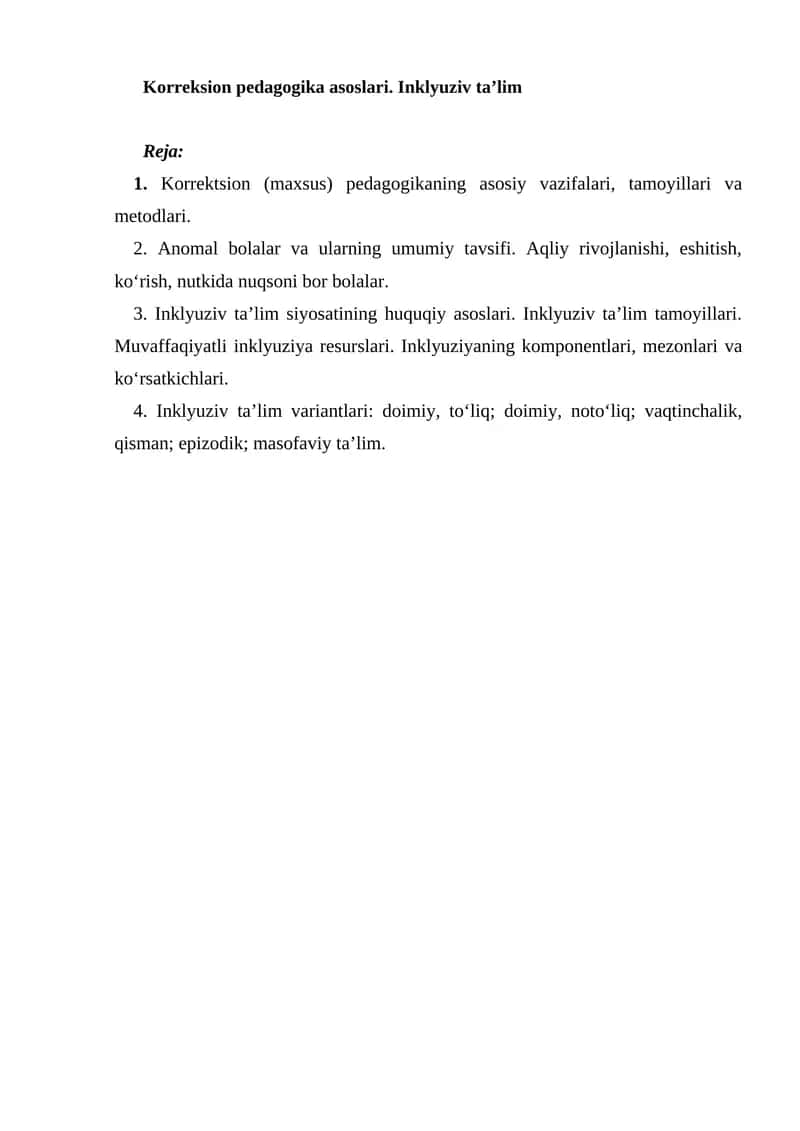 Korreksion pedagogika asoslari. Inklyuziv ta’lim 1