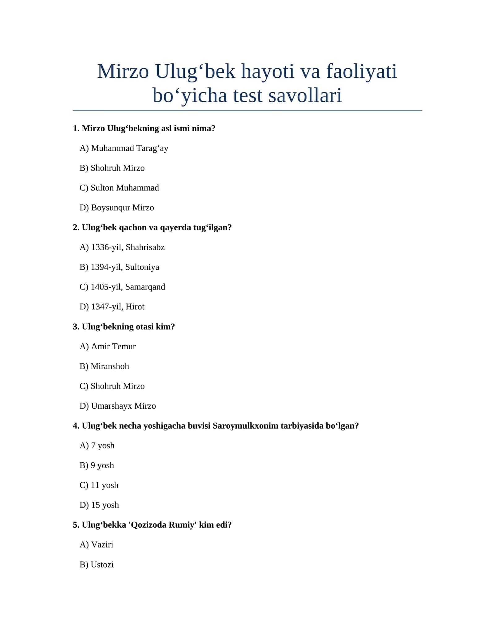 Mirzo Ulugbek Testlar 30 1