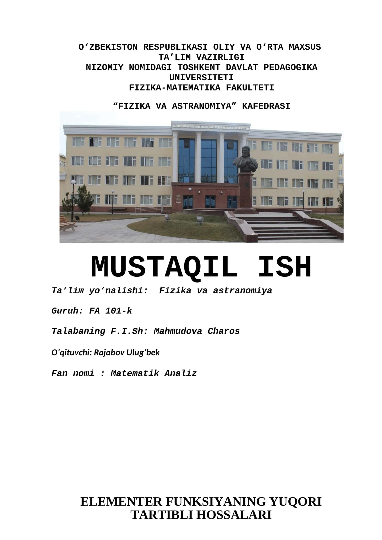 ELEMENTER FUNKSIYANING YUQORI TARTIBLI HOSSALARI 1