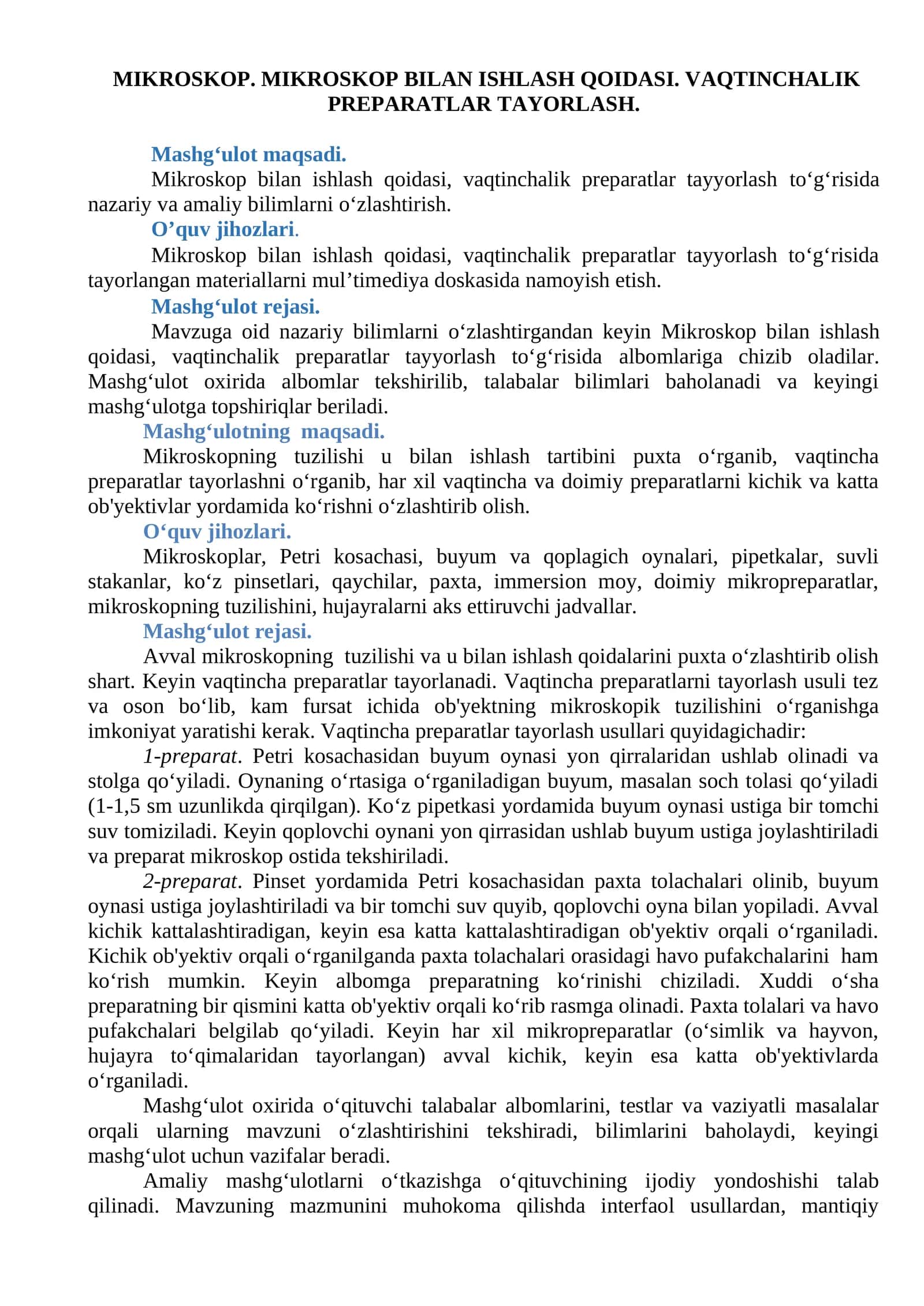 Mikroskop bilan ishlash qoidasi 1