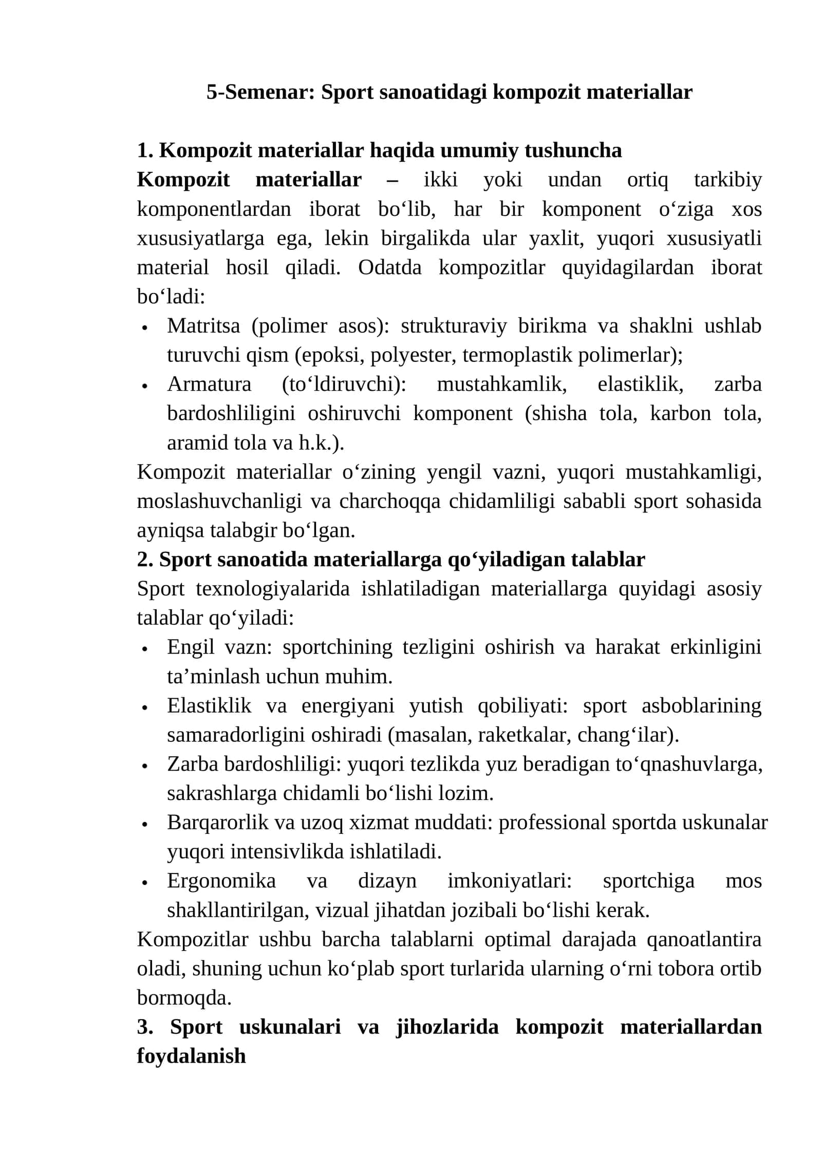 Sport sanoatidagi kompozit materiallar 1