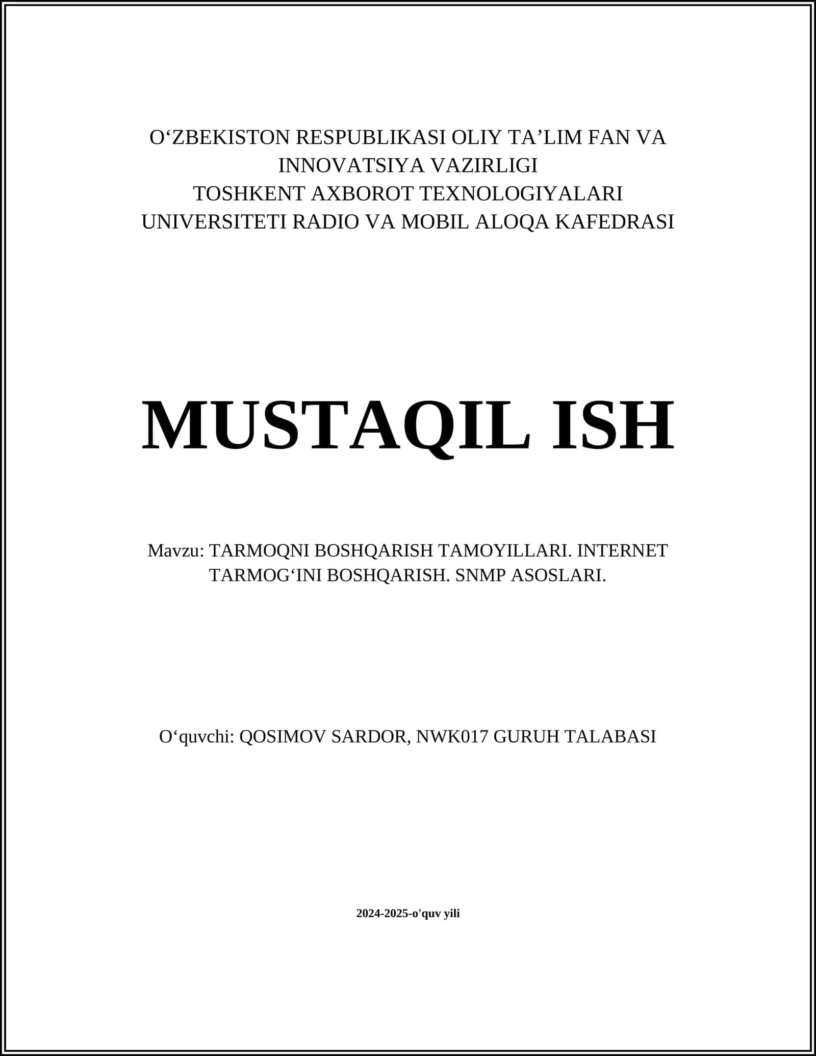 Tarmoqni Boshqarish Tamojillari 1