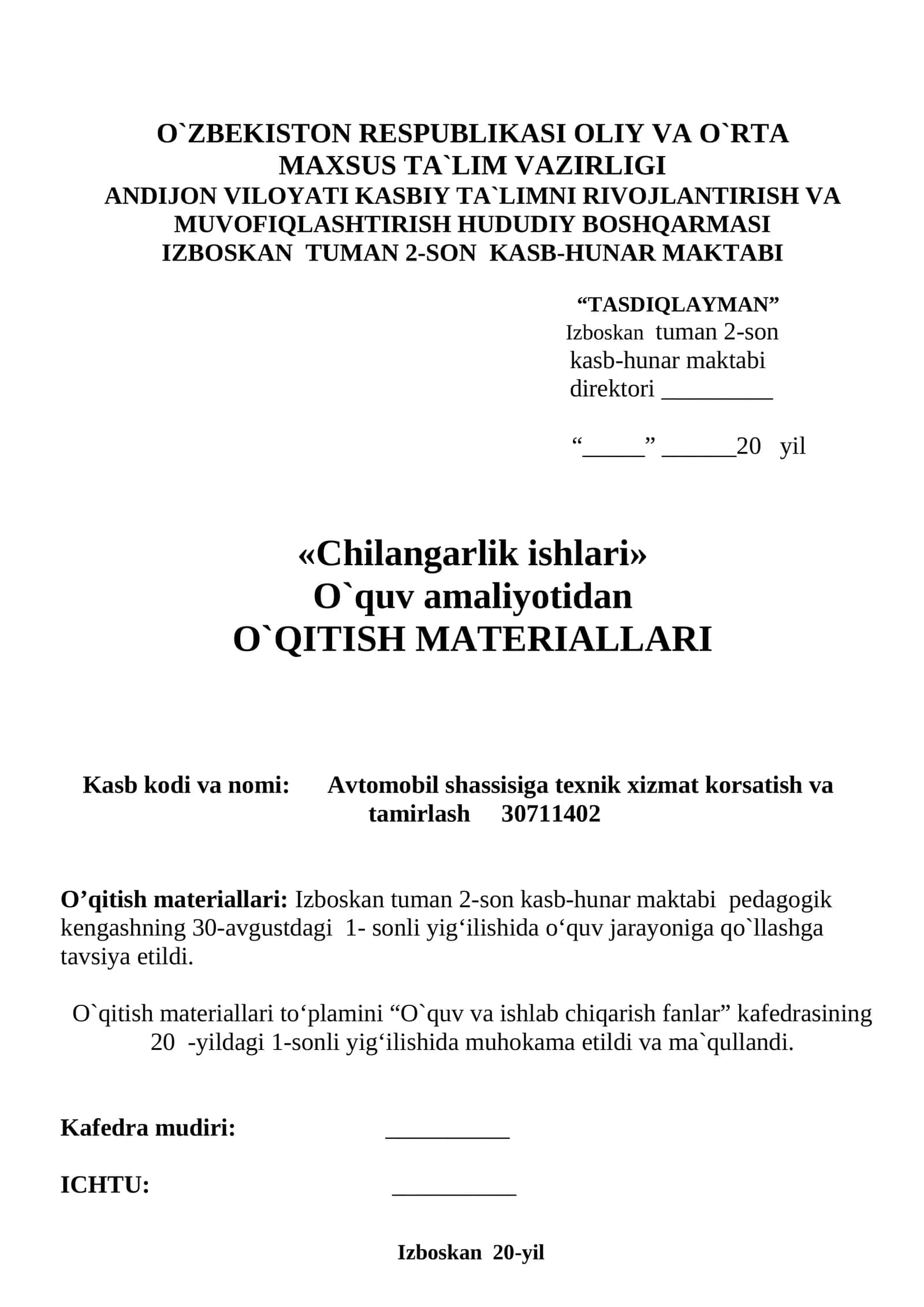 CHILANGARLIK ISHLARI O'QUV AMALIYOTI 60 SOATLIK. 1