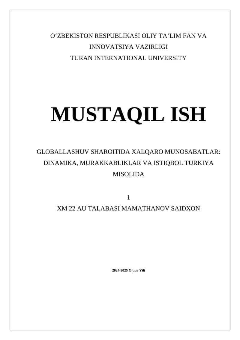 Globallashuv va xalqaro munosabatlarning asosiy konseptlari 1