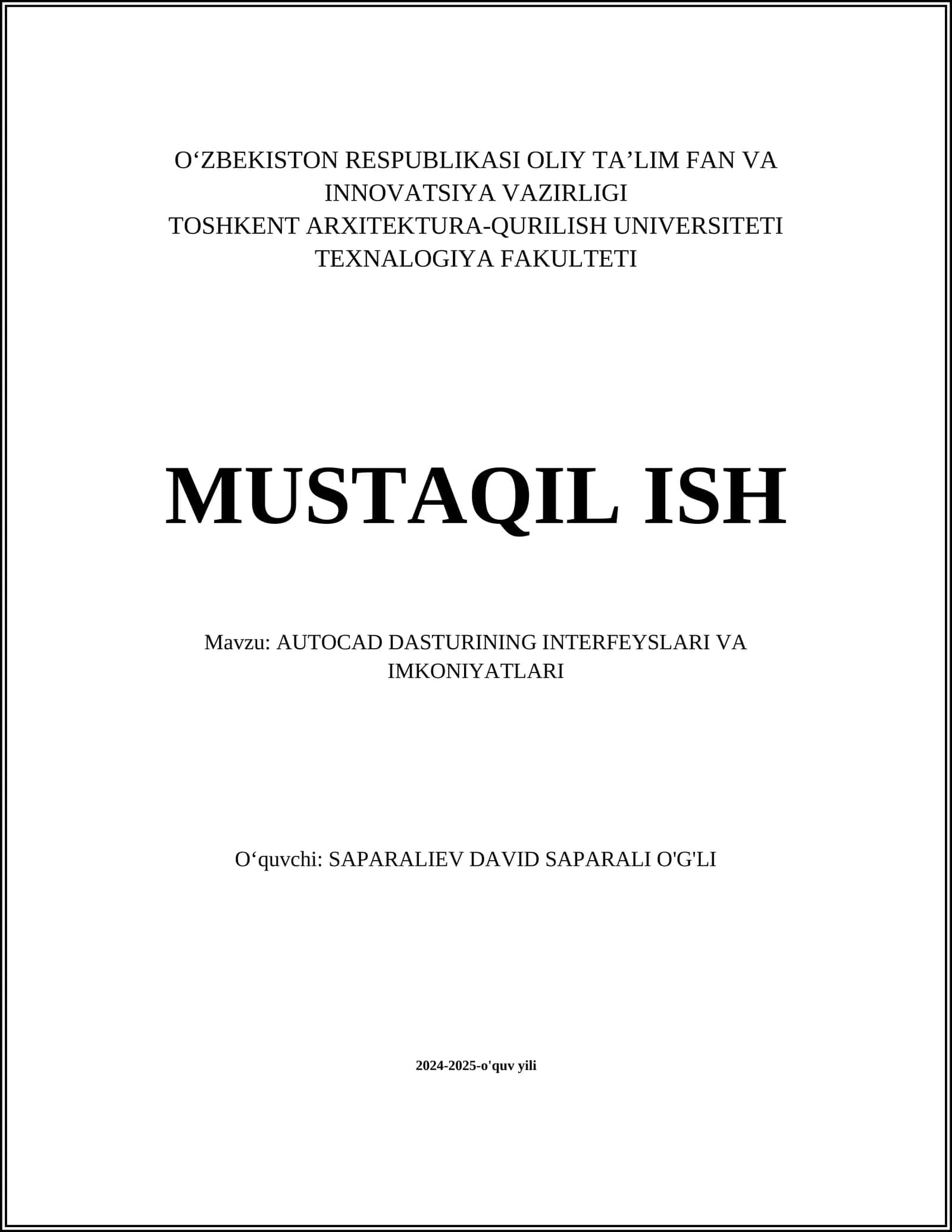 AUTOCAD DASTURINING INTERFEYSLARI VA IMKONIYATLARI 1