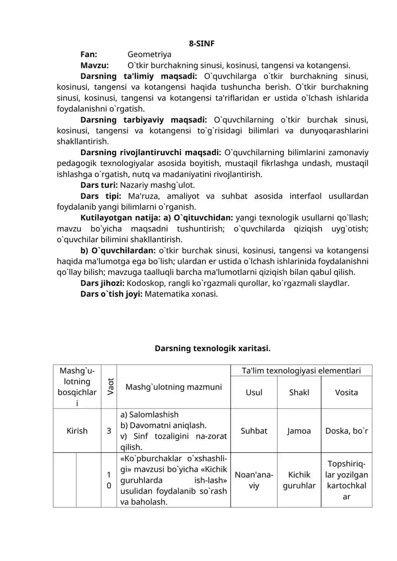 O`tkir burchakning sinusi, kosinusi, tangеnsi va kotangеnsi. 1
