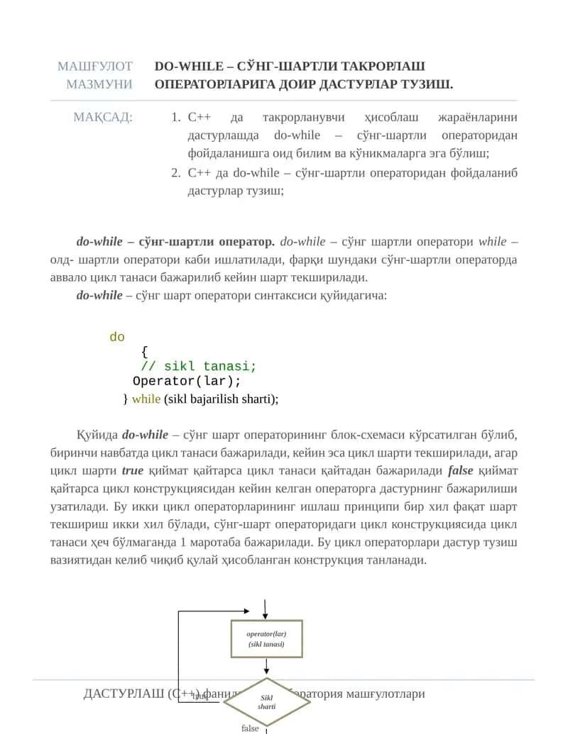 do-while – сўнг-шартли такрорлаш операторларига доир дастурлар тузиш. 1