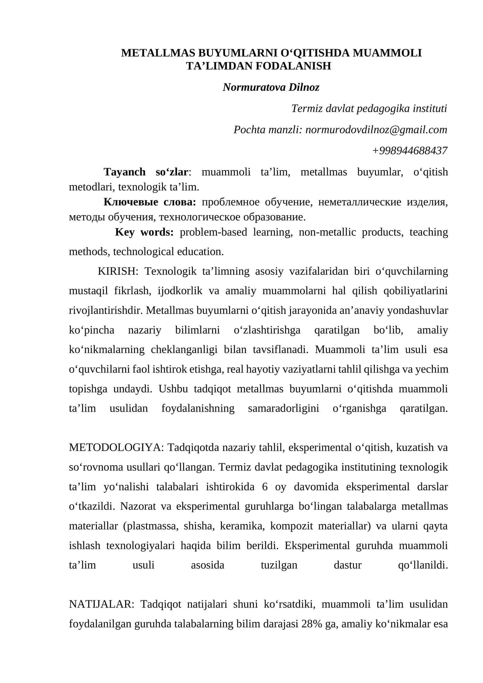 METALLMAS BUYUMLARNI OʻQITISHDA MUAMMOLI TAʼLIMDAN FODALANISH 1