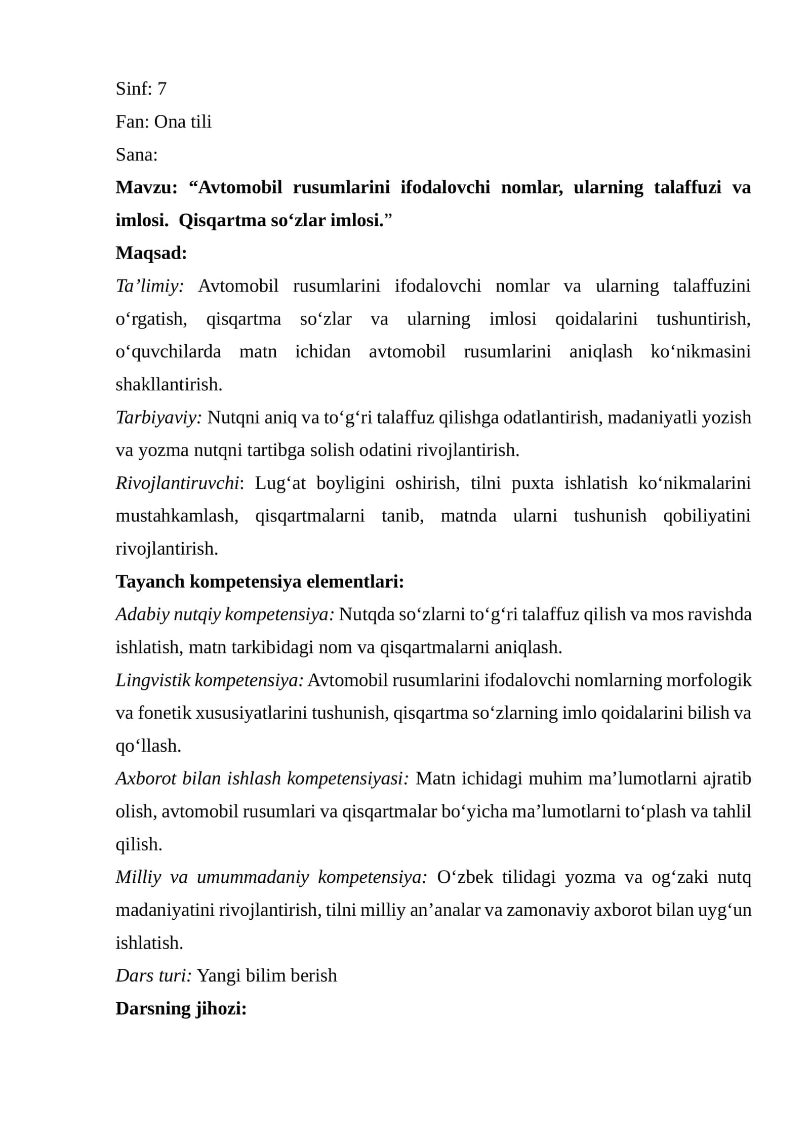 “Avtomobil rusumlarini ifodalovchi nomlar, ularning talaffuzi va imlosi. Qisqartma soʻzlar imlosi.” 1