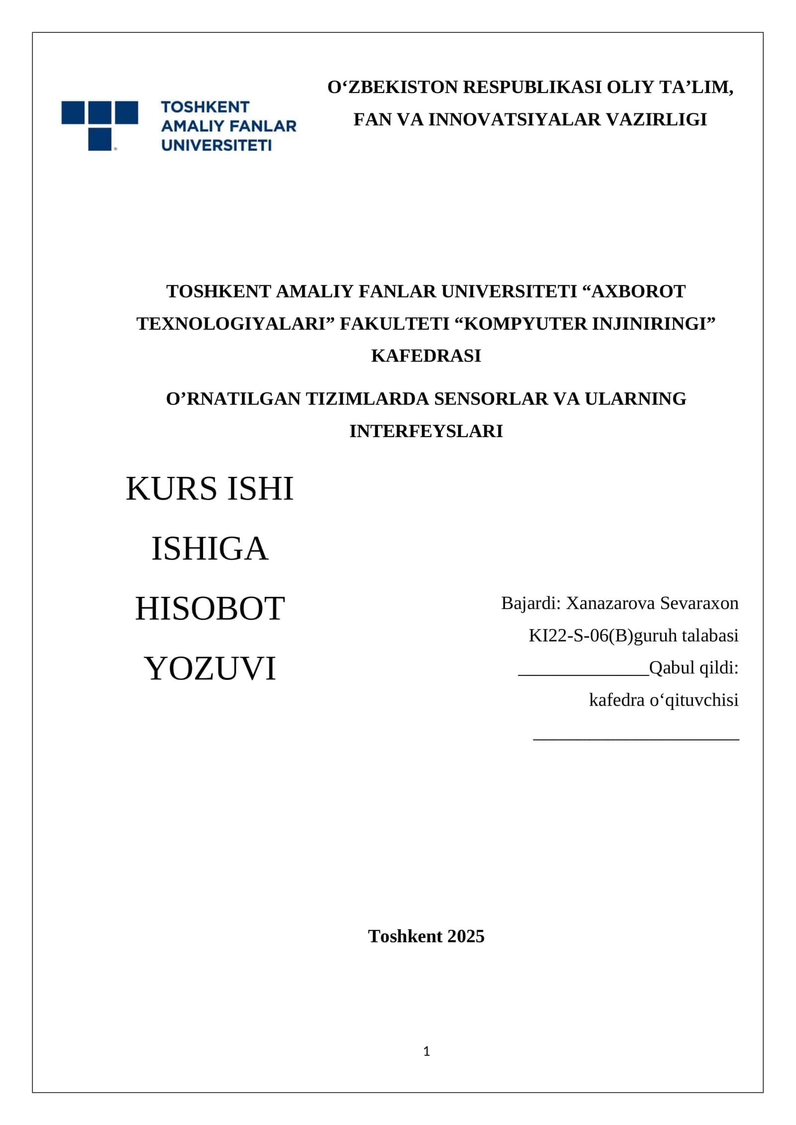 O‘RNATILGAN TIZIMLARDA SENSORLAR VA ULARNING INTERFEYSLARI 1