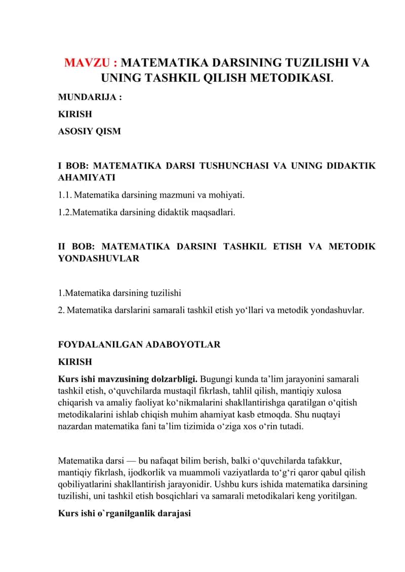 matematika darsning tuzilishi va uning tashkil etish metodikasi 1