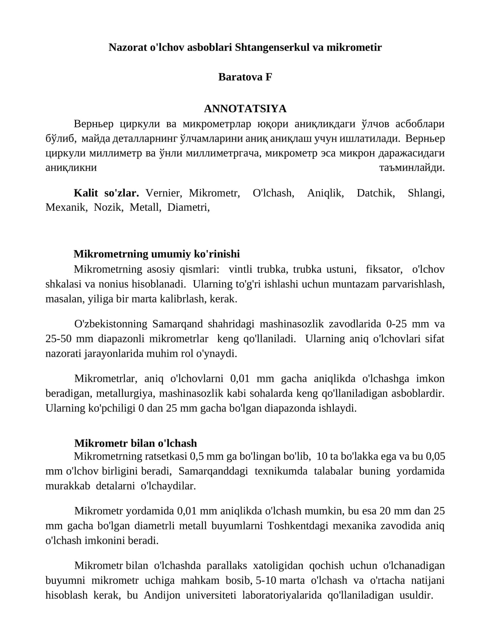 Vernier циркули ва микрометрлар 1