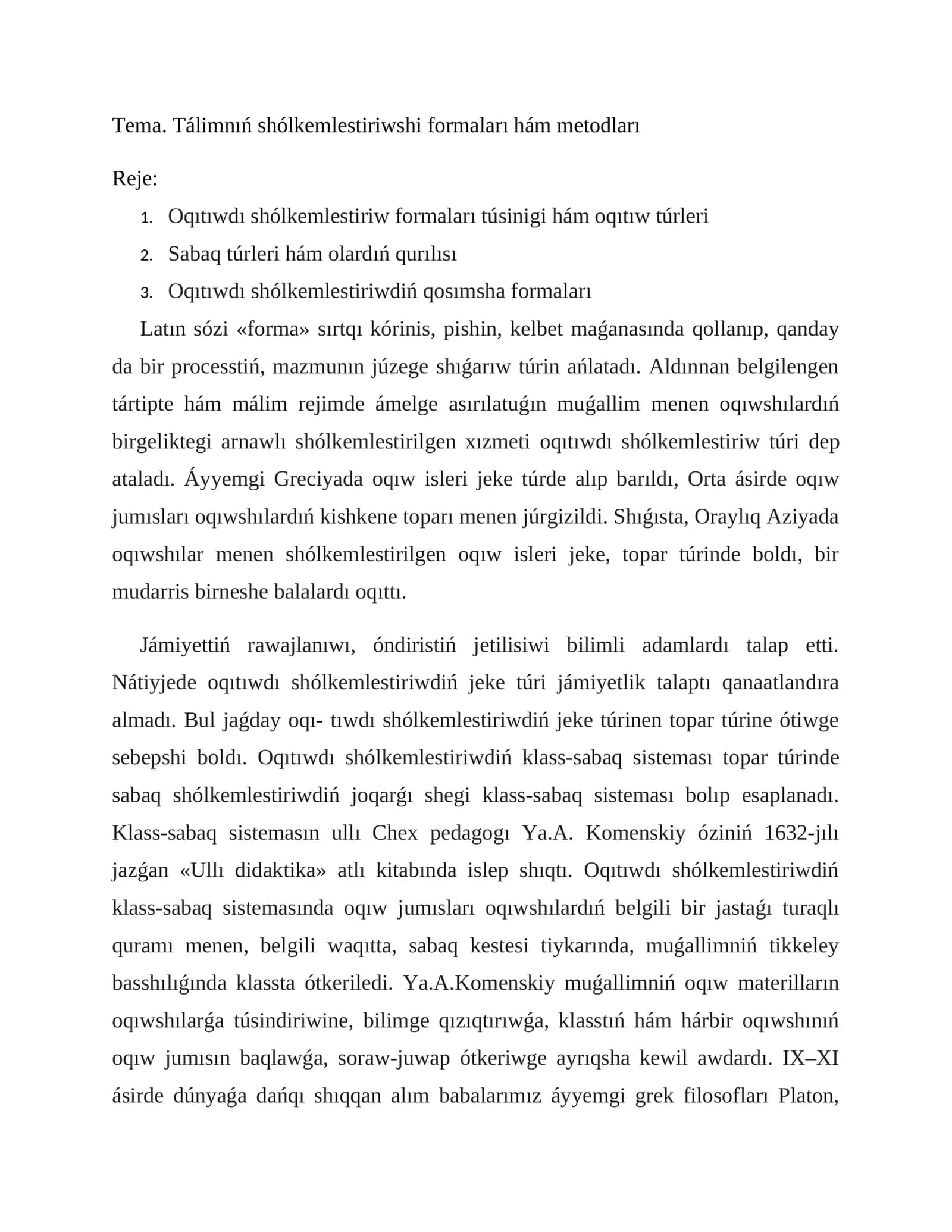Tálimnıń shólkemlestiriwshi formaları hám metodları 1
