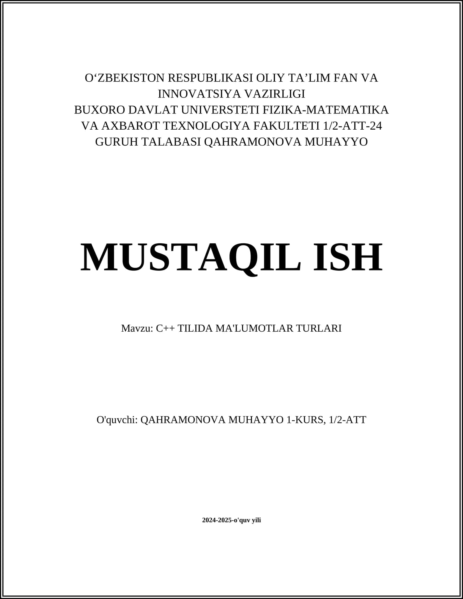 C++ TILIDA MA'LUMOTLAR TURLARI 1