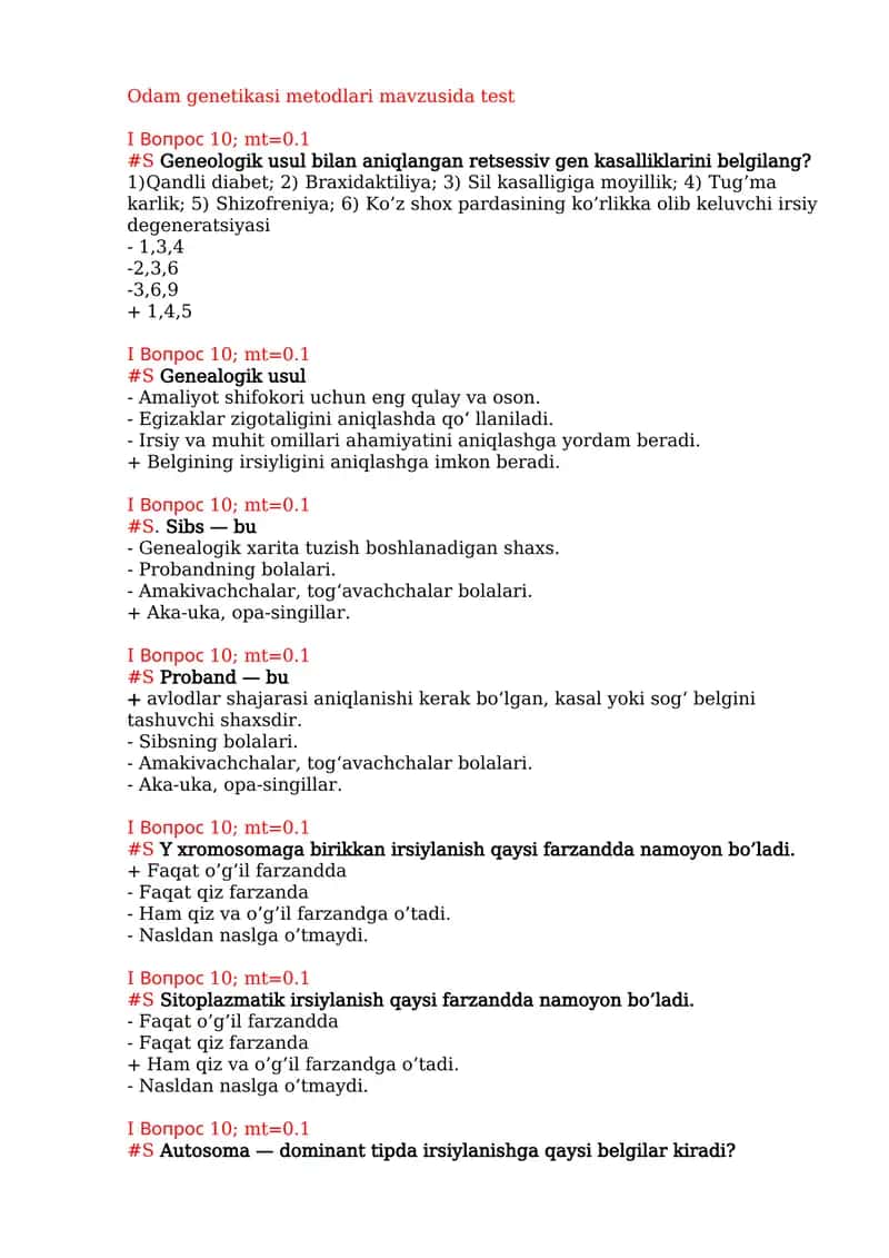 Odam genetikasi metodlari mavzusida test 1