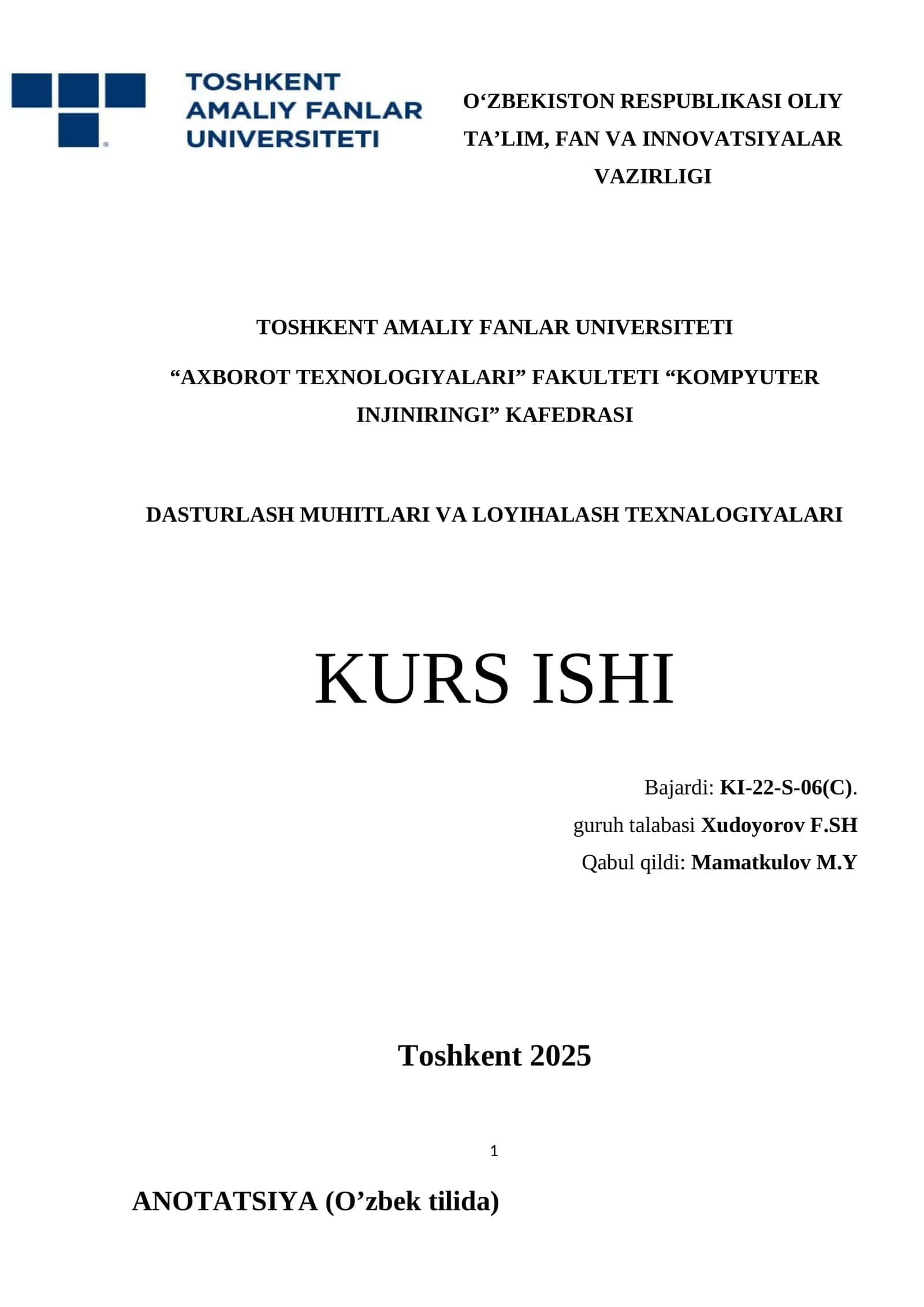 Dasturlash Muhitlari va Loyihalash Texnologiyalari 1