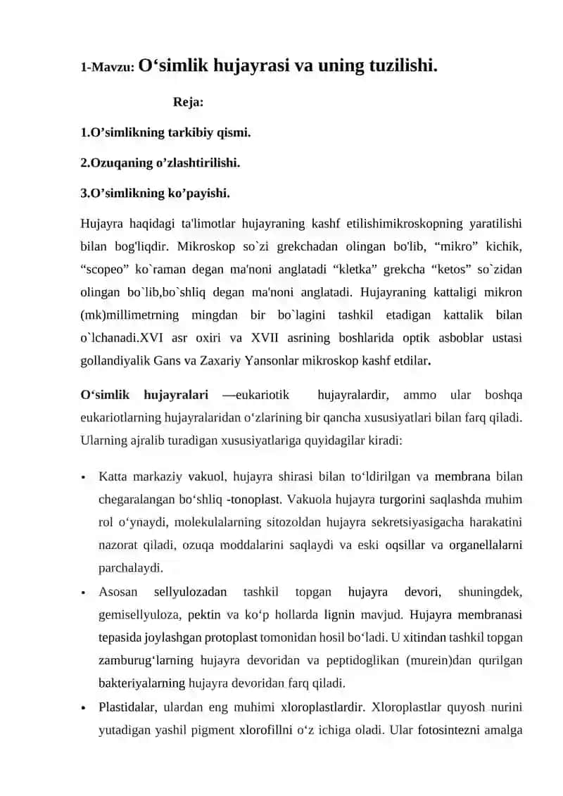O‘simlik hujayrasi va uning tuzilishi