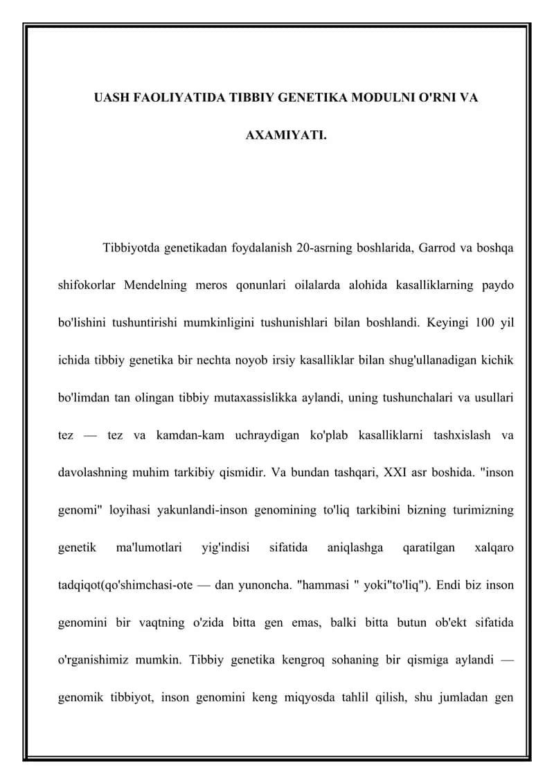 UASH FAOLIYATIDA TIBBIY GENETIKA MODULNI O'RNI VA AXAMIYATI 1
