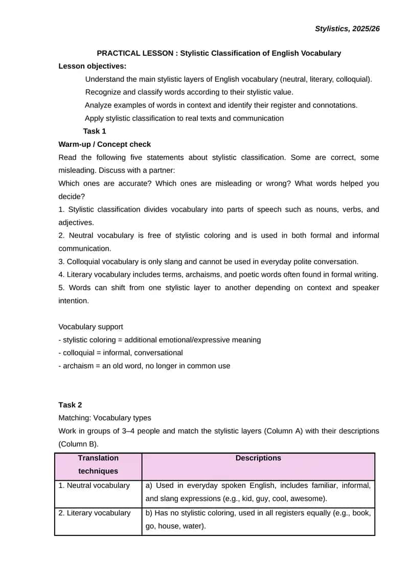 PRACTICAL LESSON: Stylistic Classification of English Vocabulary 1