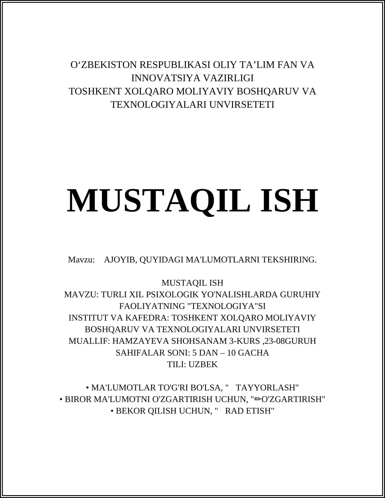 AJOYIB, QUYIDAGI MA'LUMOTLARNI TEKSHIRING 1