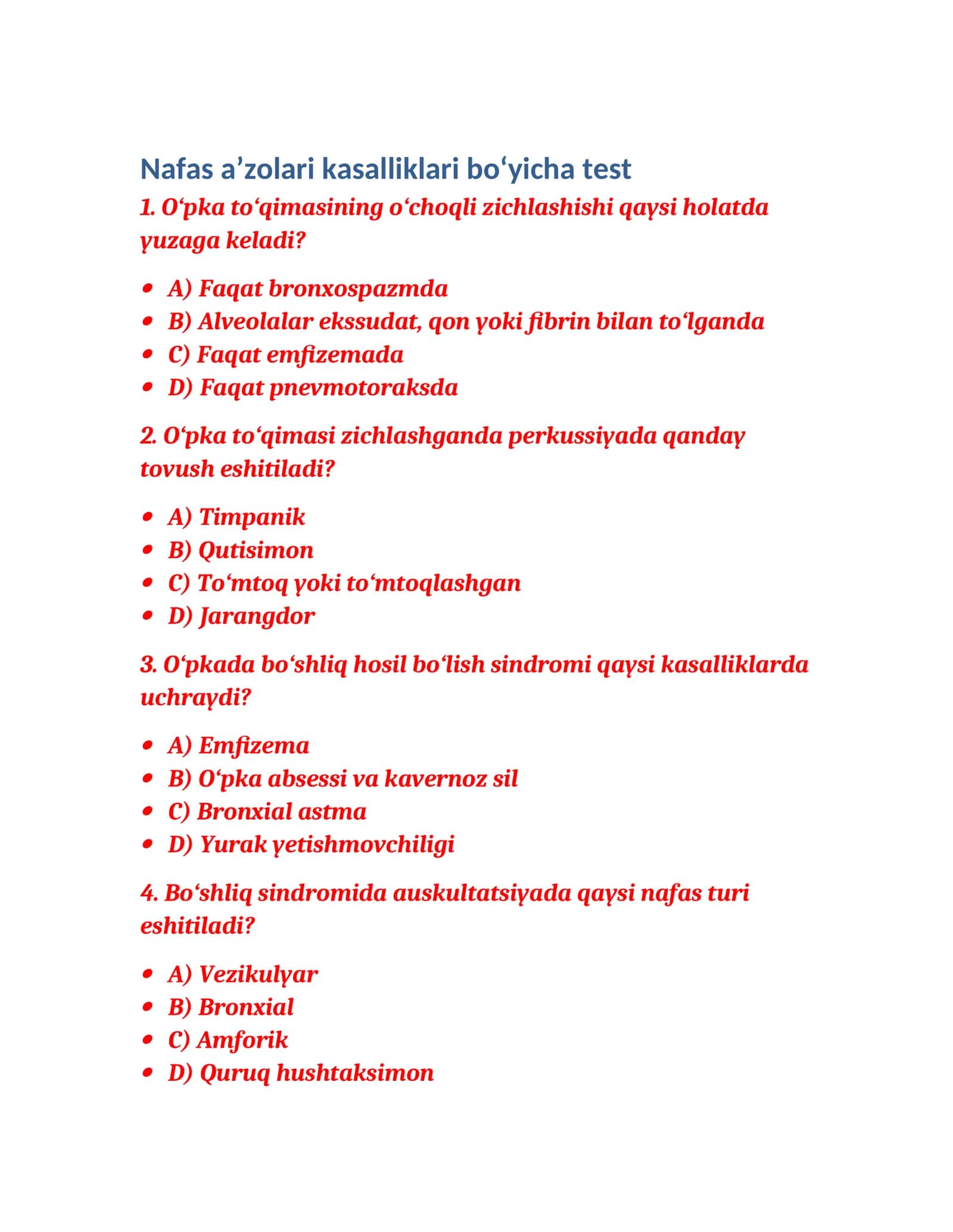 Nafas a’zolari kasalliklari bo‘yicha test 1