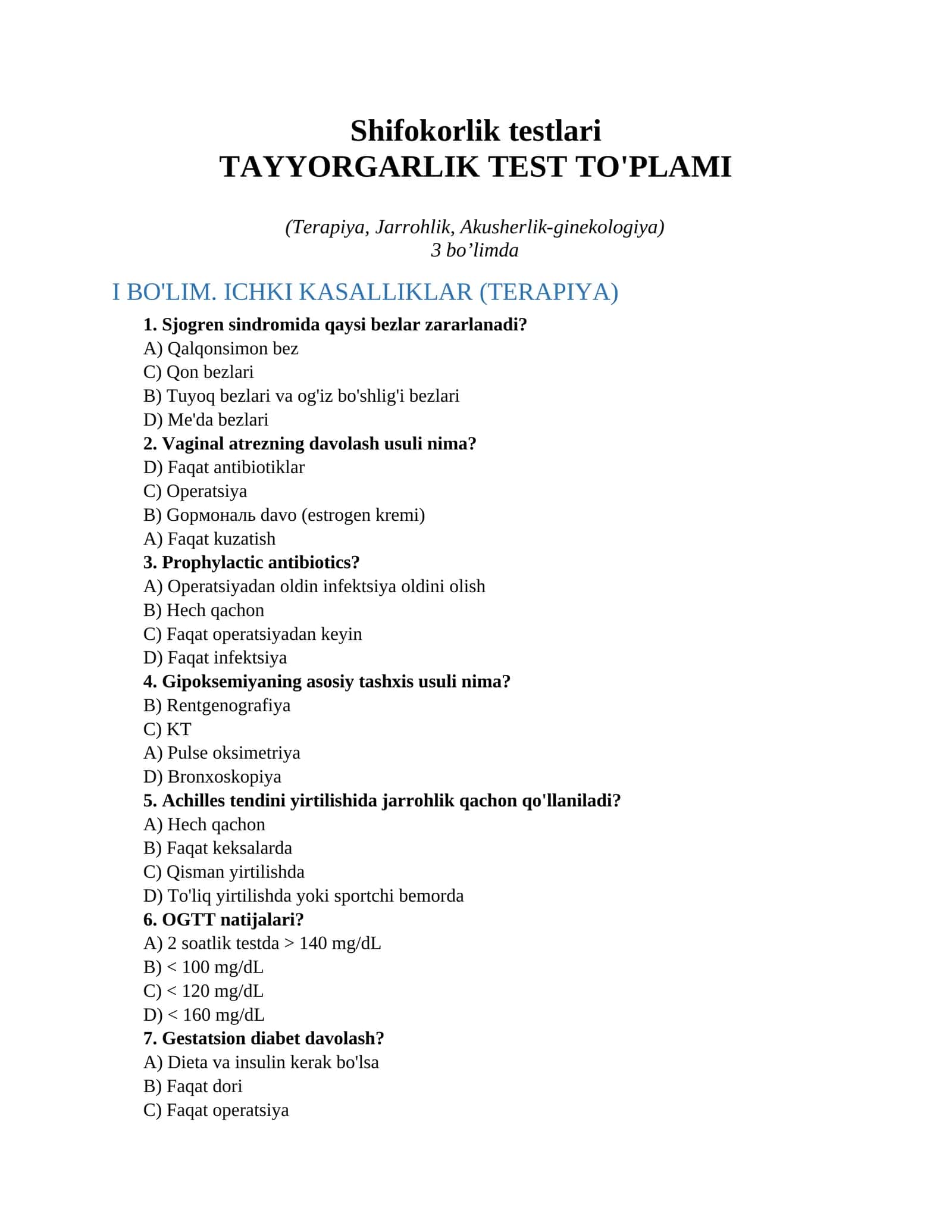 Shifokorlik testlari 1