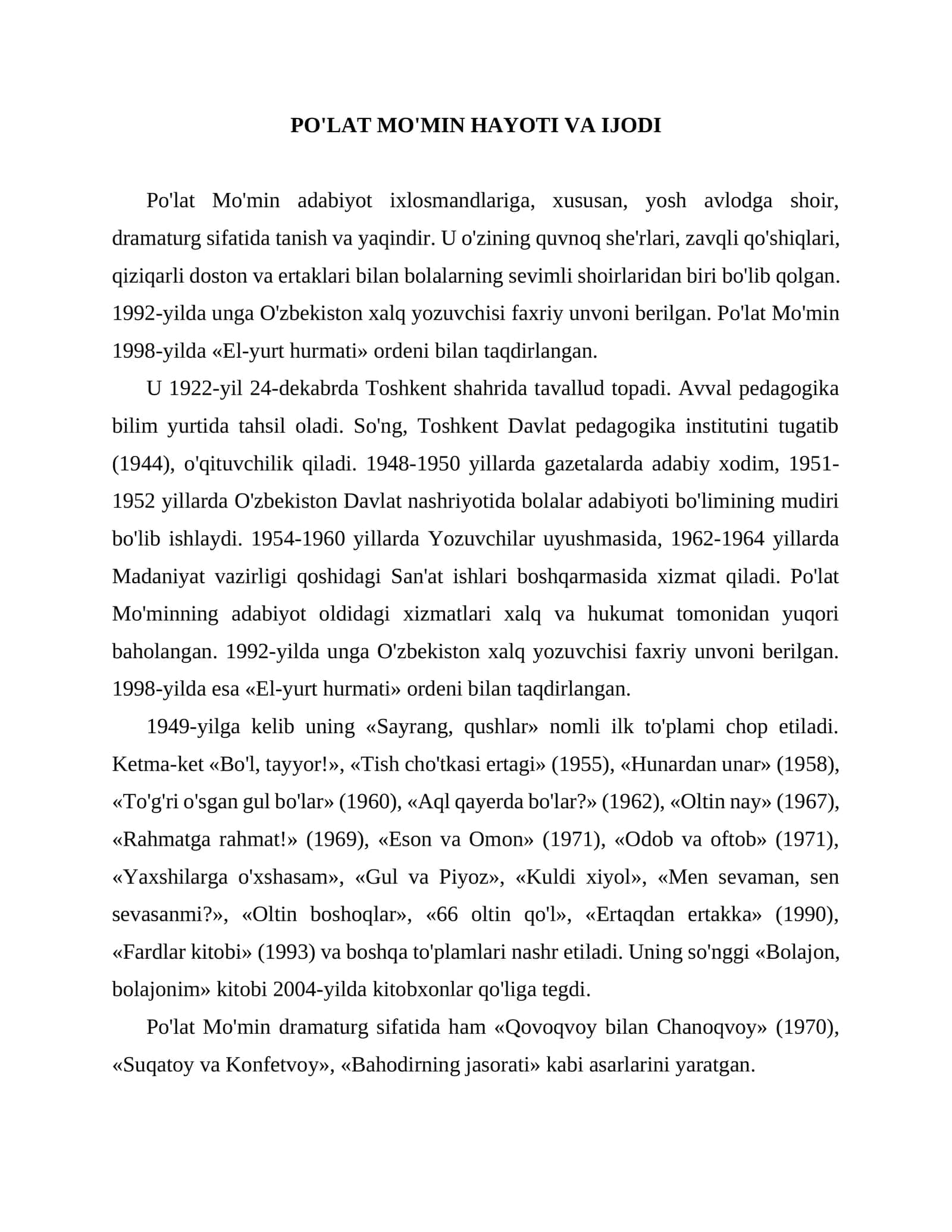 PO'LAT MO'MIN HAYOTI VA IJODI 1