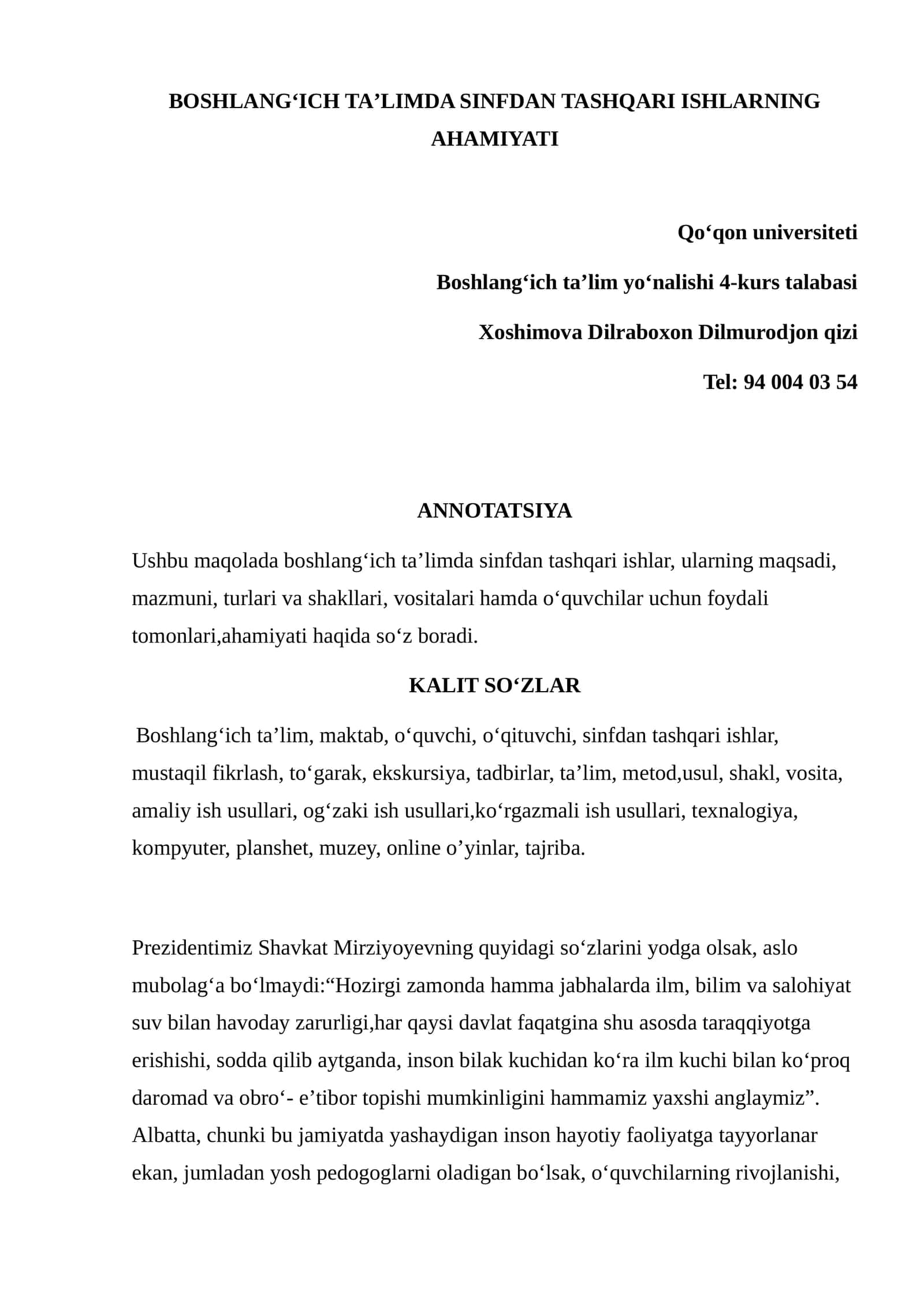 BOSHLANGʻICH TAʼLIMDA SINFDAN TASHQARI ISHLARNING AHAMIYATI 1