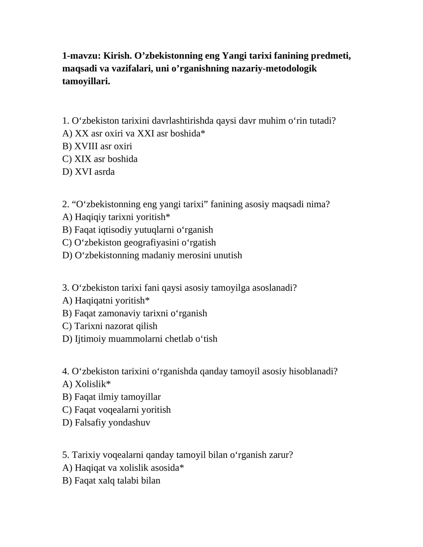 O‘zbekistonning eng Yangi tarixi fanining predmeti, maqsadi va vazifalari 1