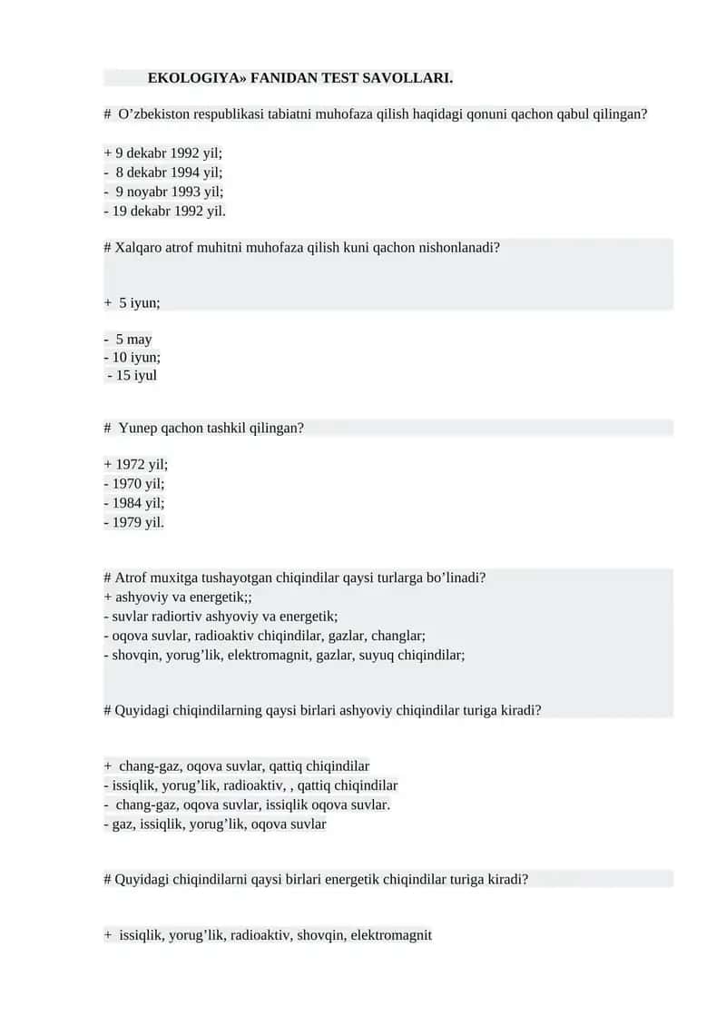 EKOLOGIYA» FANIDAN TEST SAVOLLARI 1